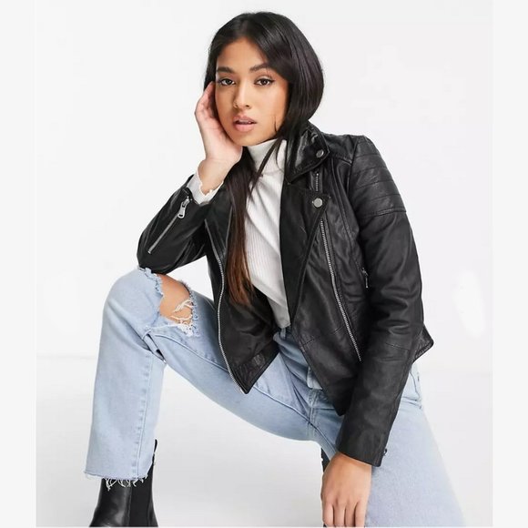 NEW Barney's Originals Size Petite Clara Real Leather Jacket Black